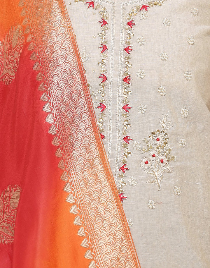 MBZ Meena Bazaar-Embroidered Chanderi Suit Set with Banarasi Dupatta