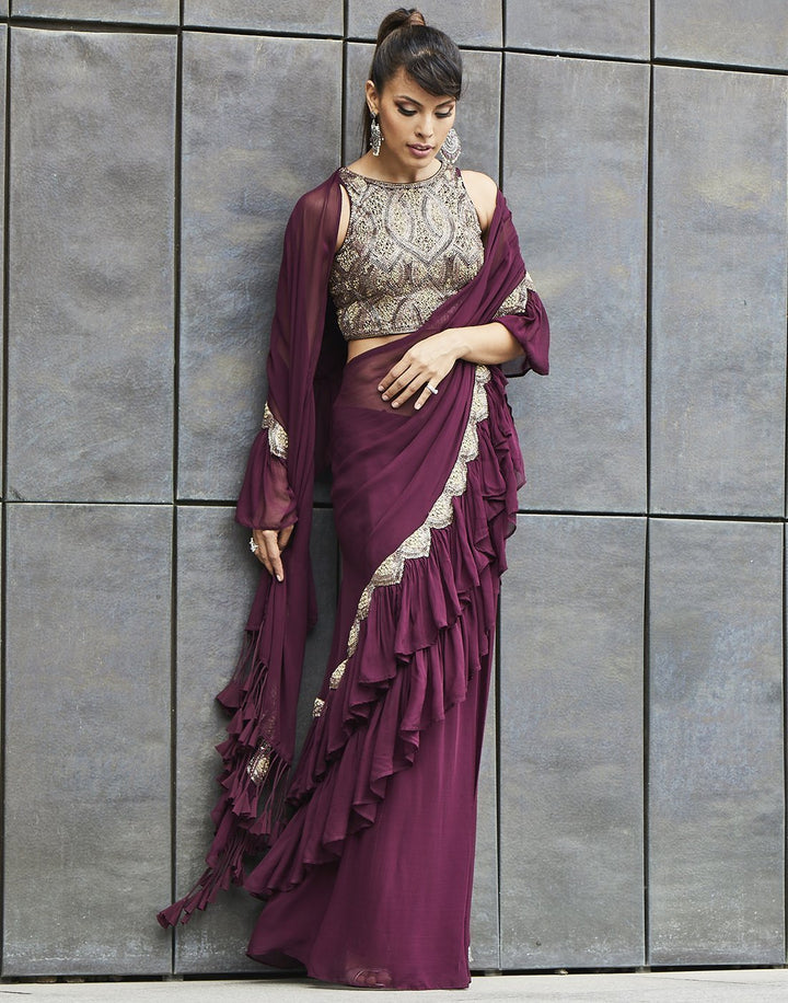 MBZ Meena Bazaar-Wine Ruffle Saree Gown With Attached Drape