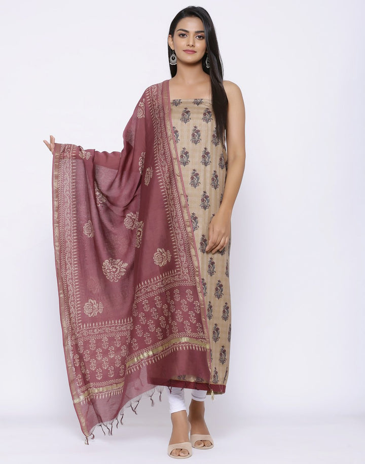 MBZ Meena Bazaar-Printed Art Tussar Suit Set with Chanderi Dupatta