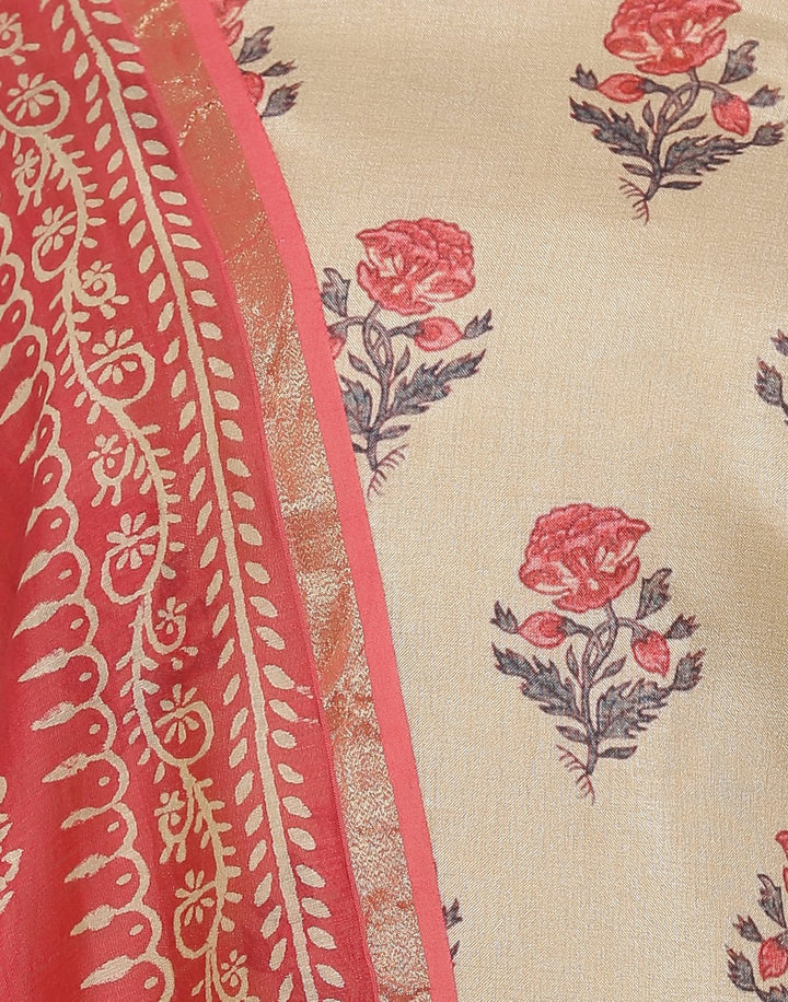 MBZ Meena Bazaar-Printed Art Tussar Suit Set with Chanderi Dupatta