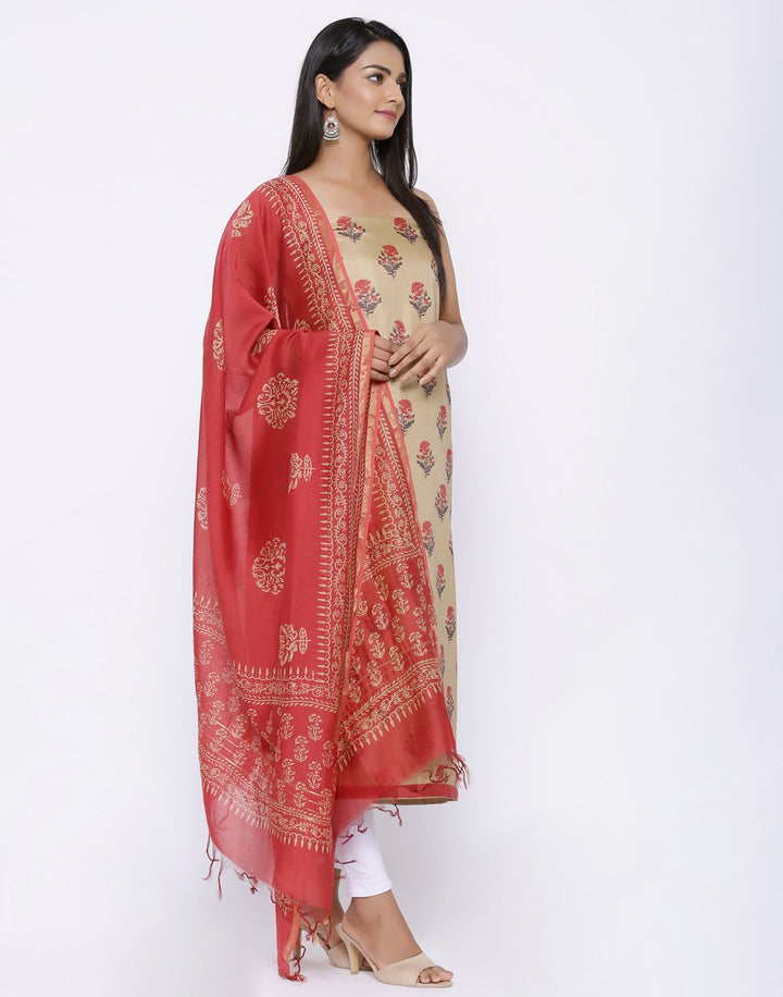 MBZ Meena Bazaar-Printed Art Tussar Suit Set with Chanderi Dupatta