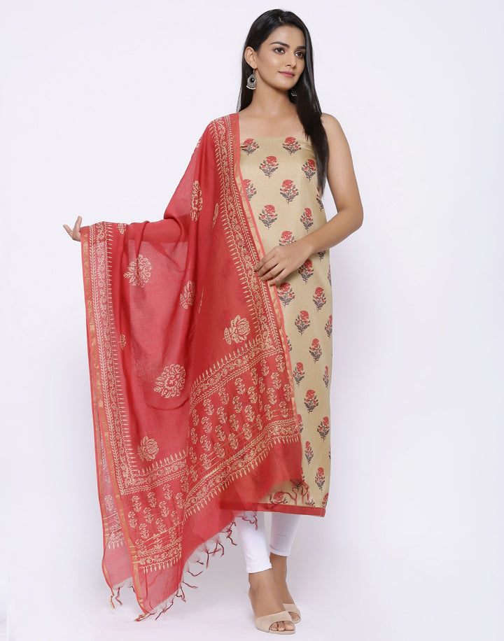 MBZ Meena Bazaar-Printed Art Tussar Suit Set with Chanderi Dupatta