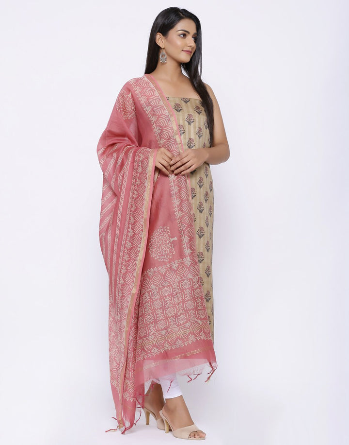 MBZ Meena Bazaar-Printed Art Tussar Suit Set with Chanderi Dupatta