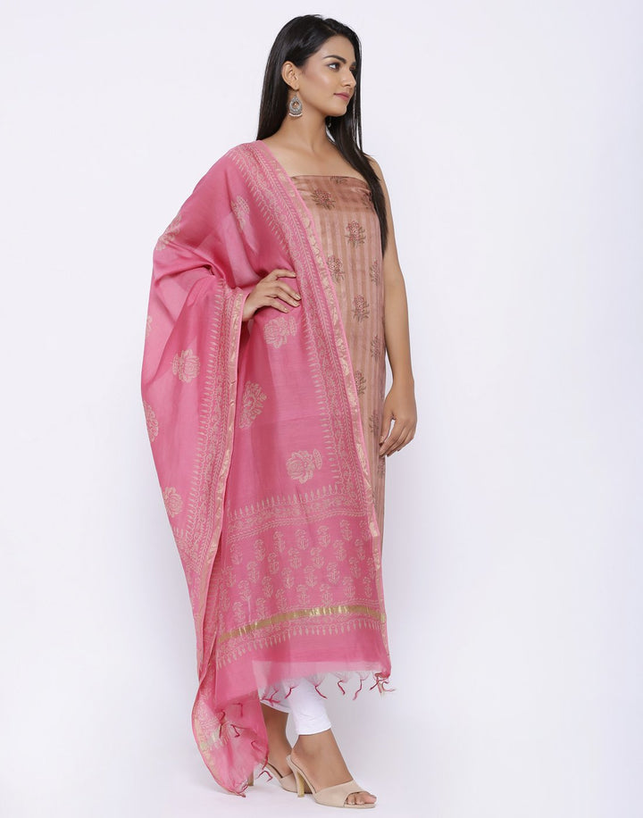 MBZ Meena Bazaar-Printed Art Tussar Suit Set with Chanderi Dupatta