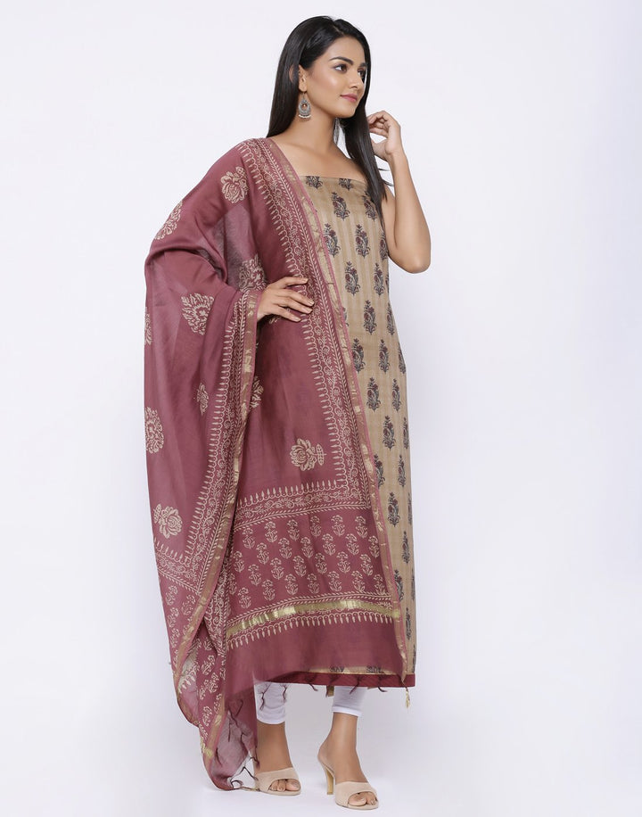 MBZ Meena Bazaar-Printed Art Tussar Suit Set with Chanderi Dupatta