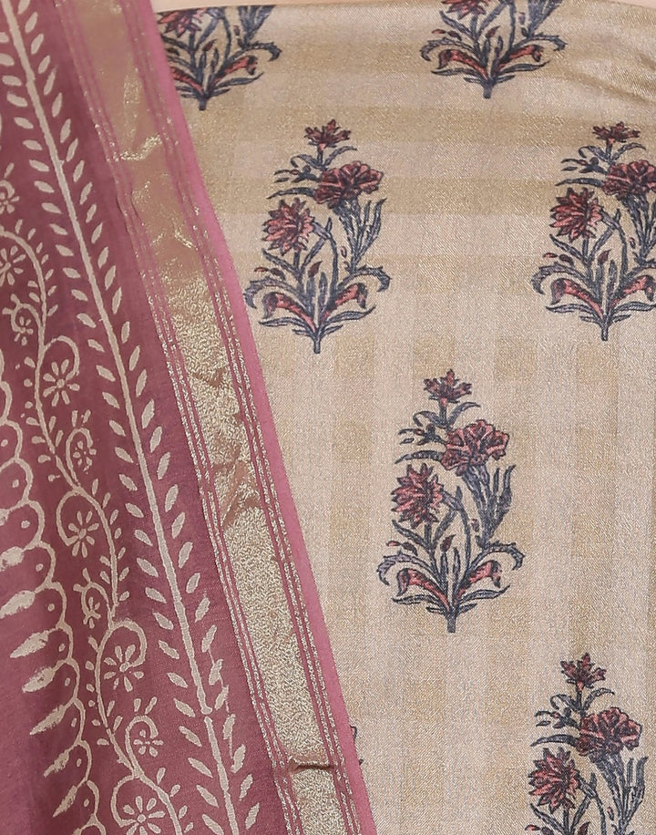 MBZ Meena Bazaar-Printed Art Tussar Suit Set with Chanderi Dupatta