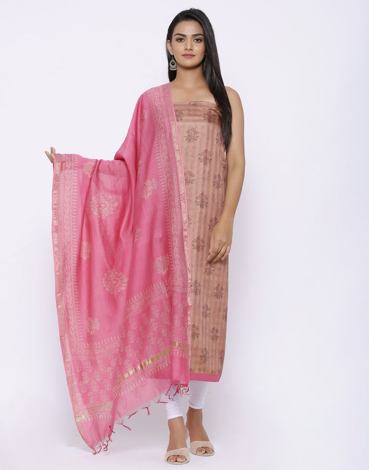 MBZ Meena Bazaar-Printed Art Tussar Suit Set with Chanderi Dupatta