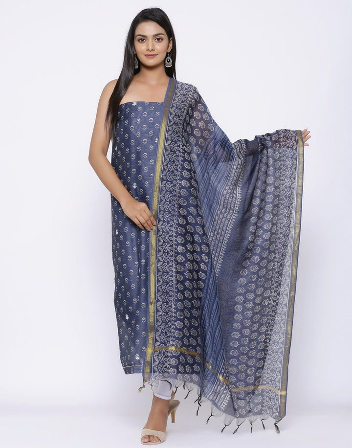 MBZ Meena Bazaar-Embroidered Chanderi Suit Set with Printed Dupatta