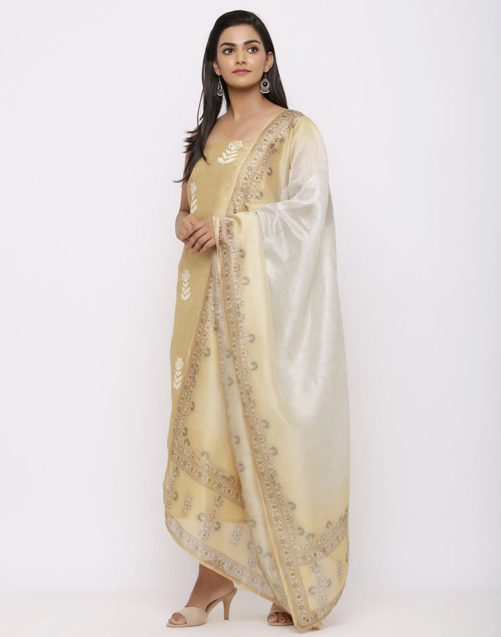 MBZ Meena Bazaar-Embroidered Chanderi Suit Set with Printed Dupatta