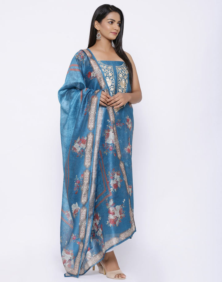 MBZ Meena Bazaar-Embroidered Chanderi Suit Set with Printed Dupatta