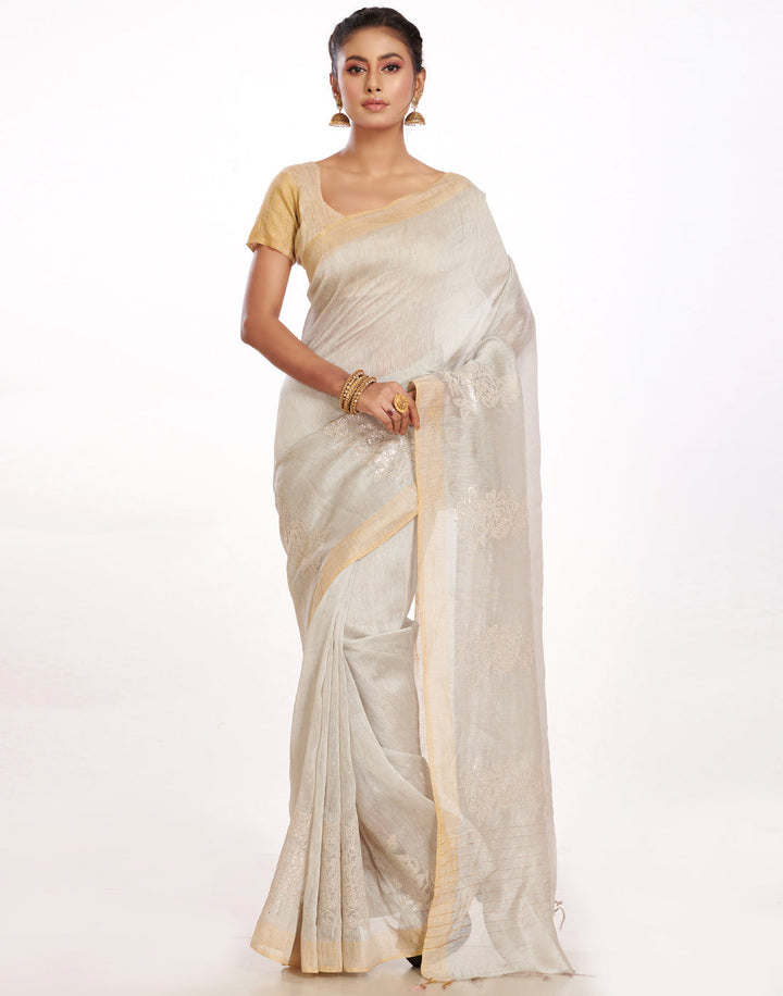 MBZ Meena Bazaar-Cotton Linen Saree With Embroidery