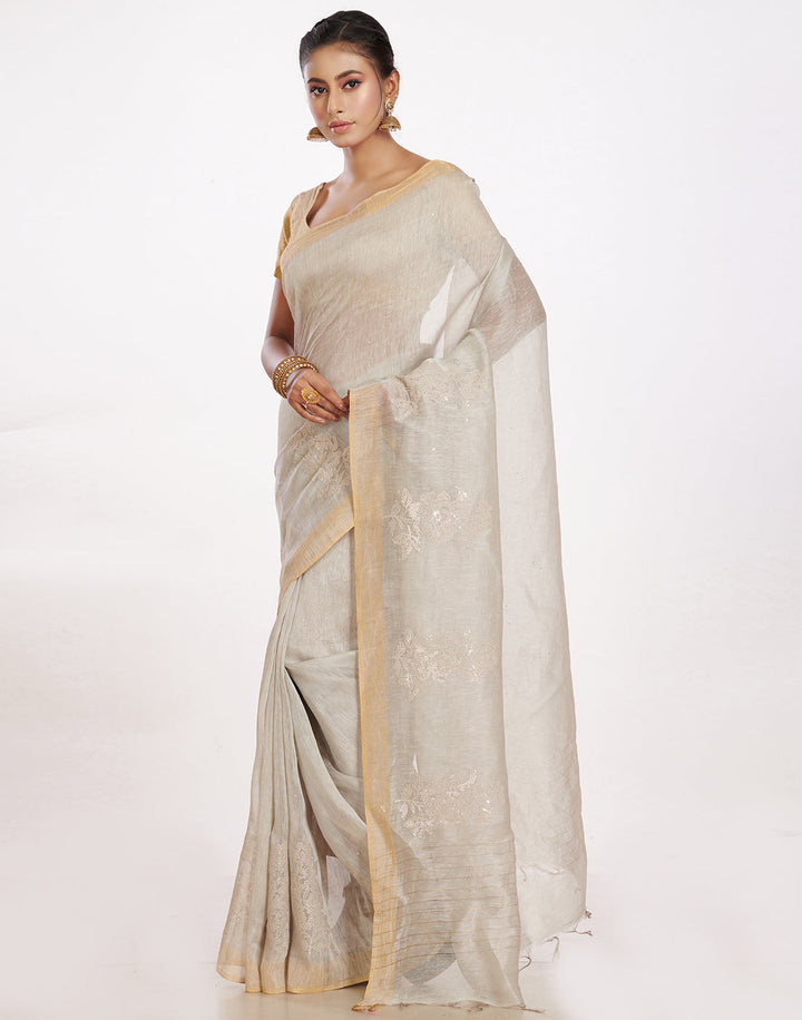 MBZ Meena Bazaar-Cotton Linen Saree With Embroidery