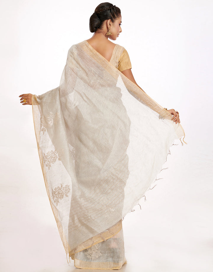 MBZ Meena Bazaar-Cotton Linen Saree With Embroidery