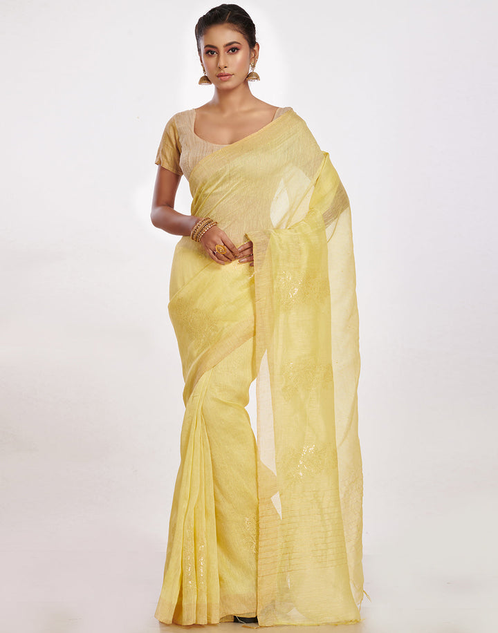 MBZ Meena Bazaar-Cotton Linen Saree With Embroidery