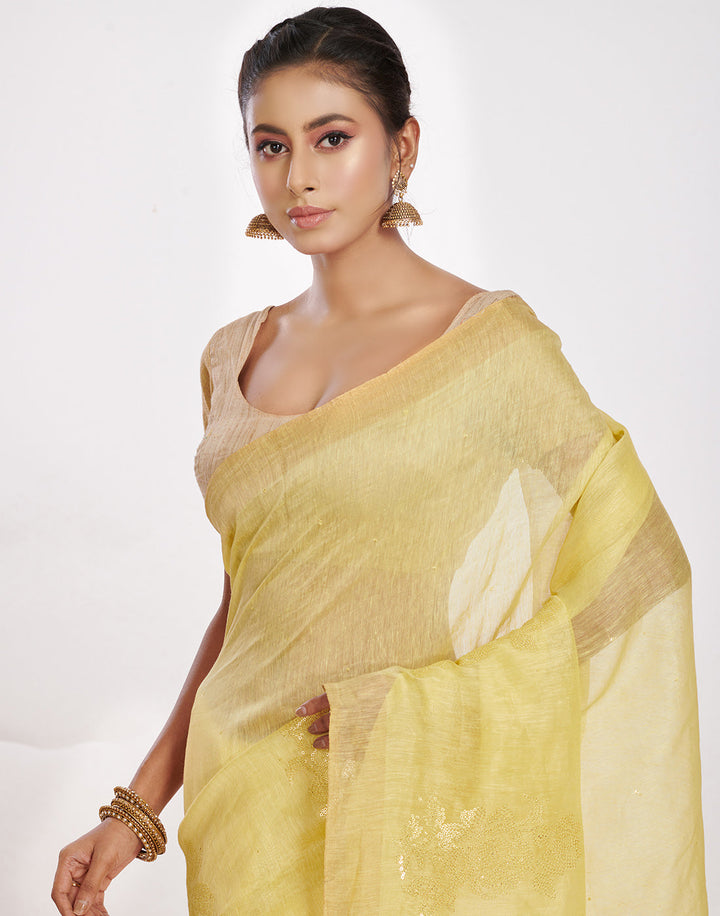 MBZ Meena Bazaar-Cotton Linen Saree With Embroidery