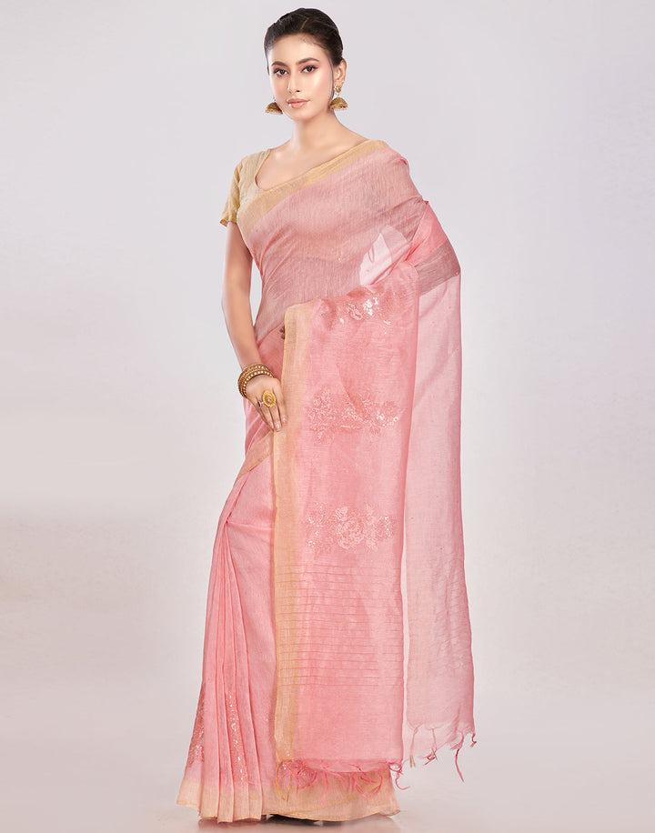 MBZ Meena Bazaar-Cotton Linen Saree With Embroidery