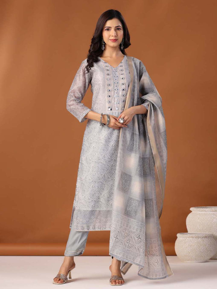 Printed Cotton Kurta With Pants & Dupatta