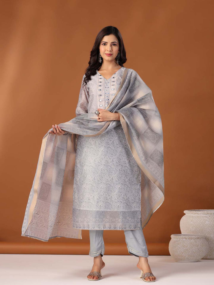 Printed Cotton Kurta With Pants & Dupatta