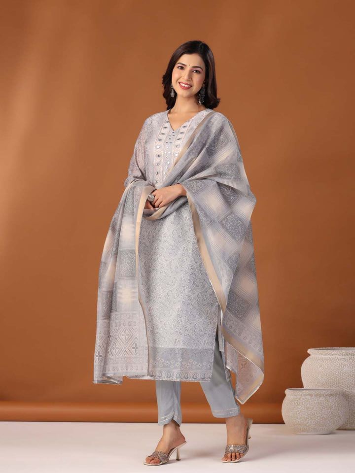 Printed Cotton Kurta With Pants & Dupatta
