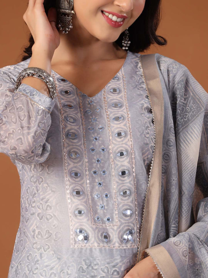 Printed Cotton Kurta With Pants & Dupatta