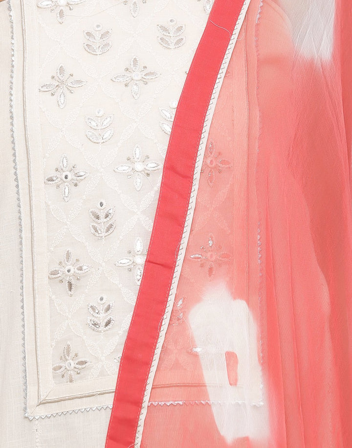 MBZ Meena Bazaar-Embroidered Khadi Suit Set with Chiffon Batic Printed Dupatta