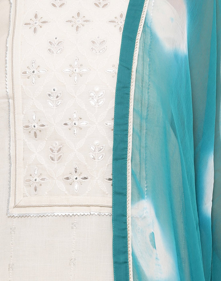 MBZ Meena Bazaar-Embroidered Khadi Suit Set with Chiffon Batic Printed Dupatta