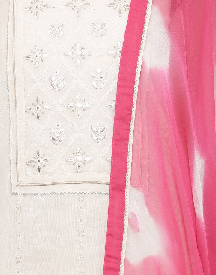 MBZ Meena Bazaar-Embroidered Khadi Suit Set with Chiffon Batic Printed Dupatta