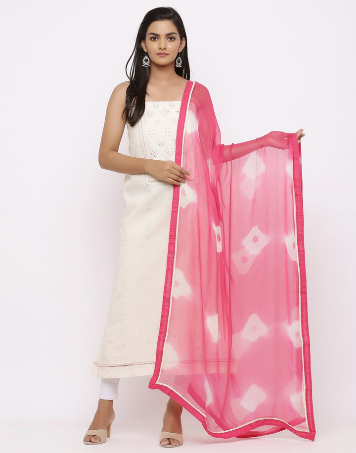 MBZ Meena Bazaar-Embroidered Khadi Suit Set with Chiffon Batic Printed Dupatta